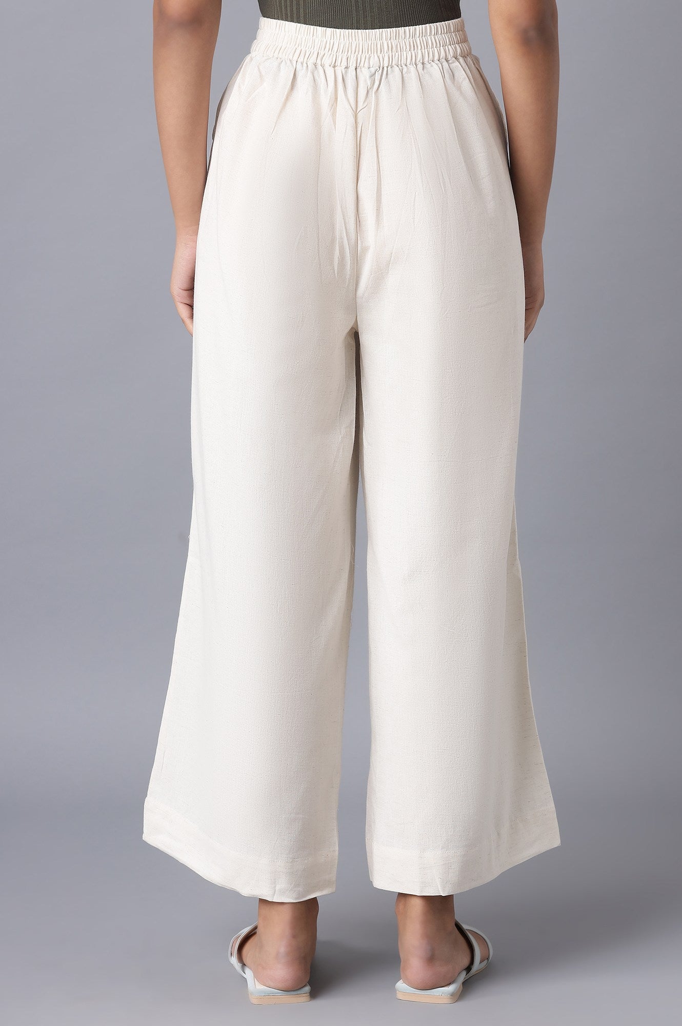Off White Solid Wide Leg Tencel Palazzo With Elasticated Waist