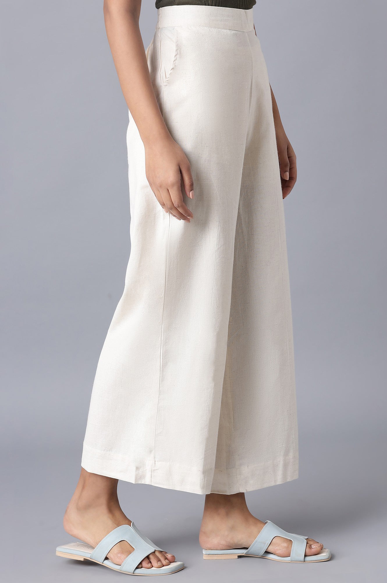 Off White Solid Wide Leg Tencel Palazzo With Elasticated Waist