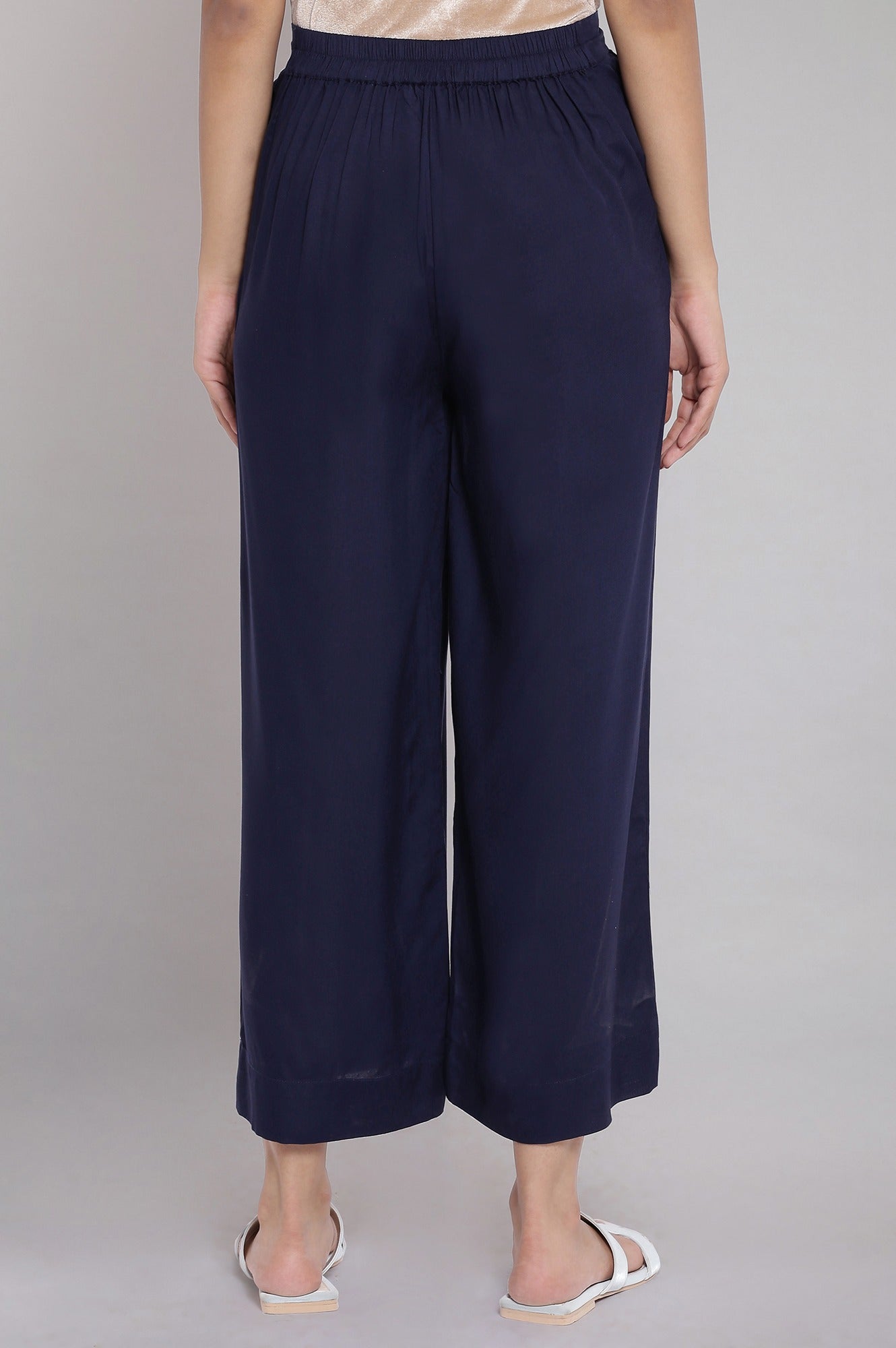 Navy Blue Solid Straight Fit Tencel Palazzo With Elasticated Waist