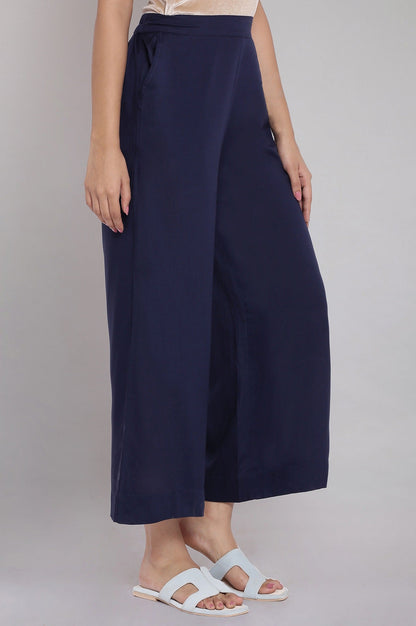 Navy Blue Solid Straight Fit Tencel Palazzo With Elasticated Waist