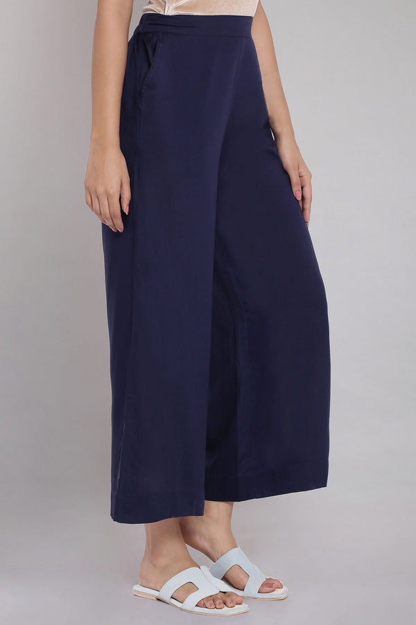 Navy Blue Solid Straight Fit Tencel Palazzo With Elasticated Waist