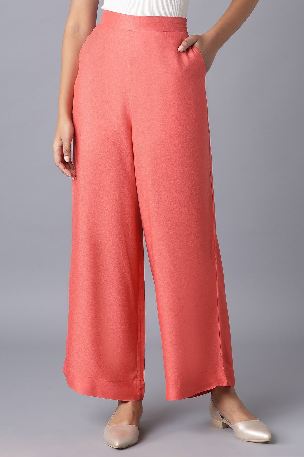 Elleven Women's Peach Solid Straight Fit Tencel Palazzo With Elasticated Waistband - S