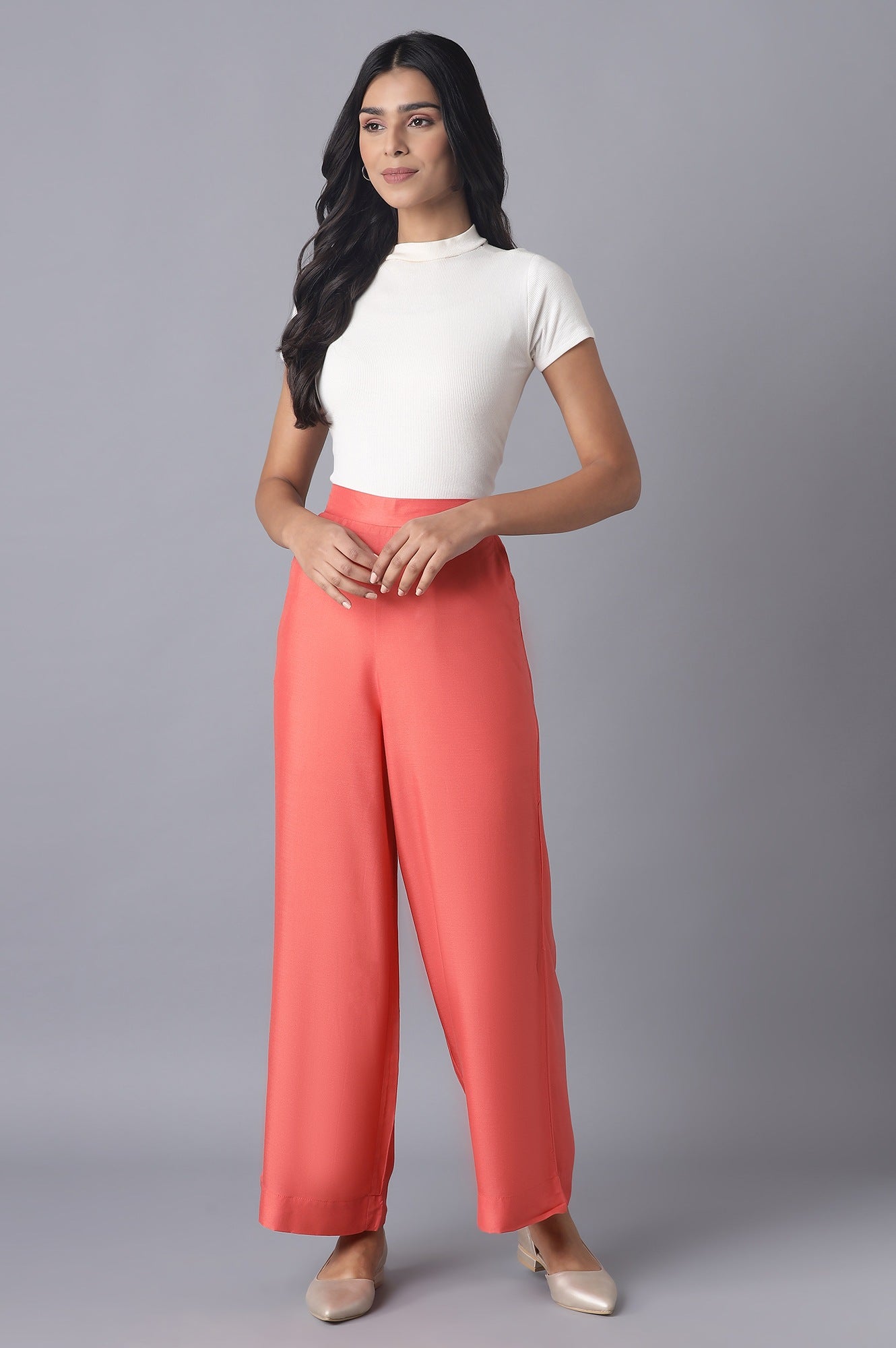 Peach Solid Straight Fit Tencel Palazzo With Elasticated Waistband