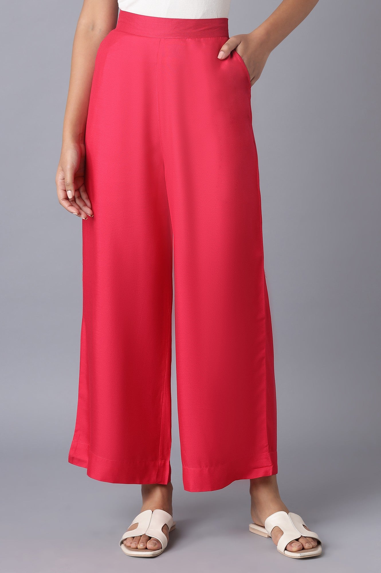 Pink Solid Straight Fit Tencel Palazzo With Elasticated Waistband