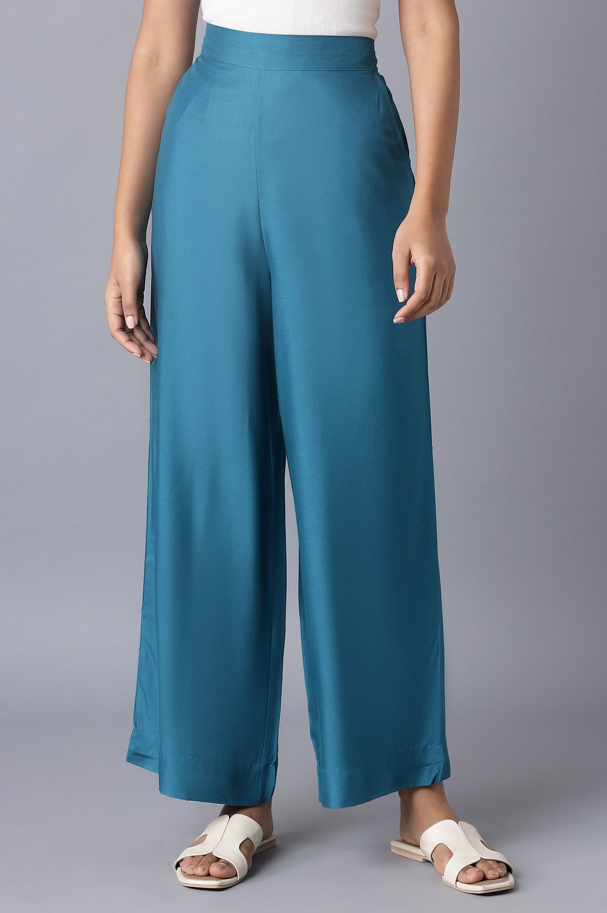 Elleven Women's Blue Solid Wide Leg Tencel Palazzo With Elasticated Waist