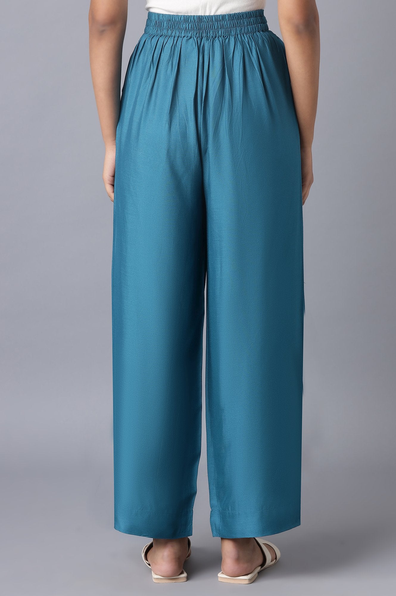 Blue Solid Wide Leg Tencel Palazzo With Elasticated Waist