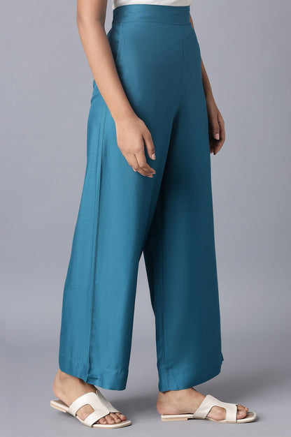 Blue Solid Wide Leg Tencel Palazzo With Elasticated Waist