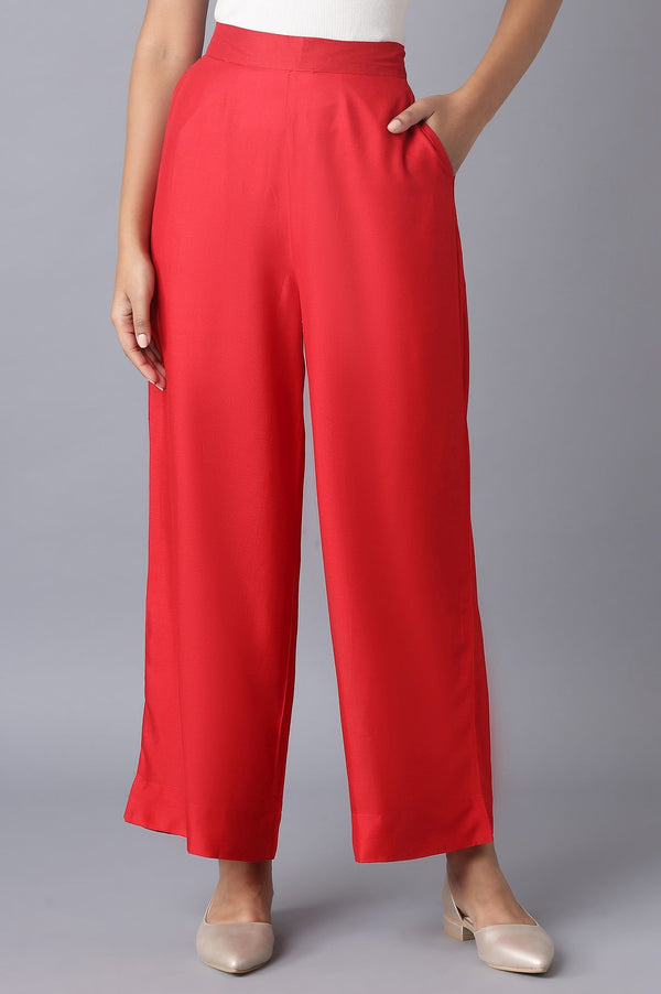 Elleven Women's Red Solid Straight Fit Tencel Pants With Elasticated Waist
