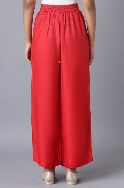 Red Solid Straight Fit Tencel Pants With Elasticated Waist