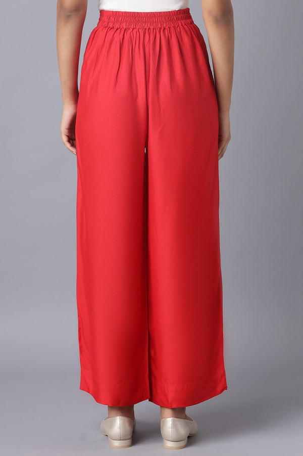 Red Solid Straight Fit Tencel Pants With Elasticated Waist