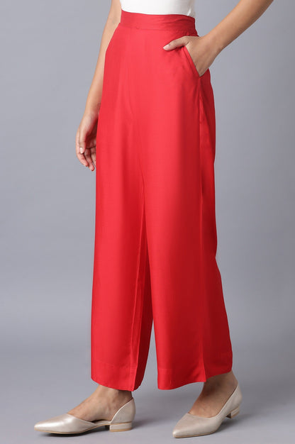 Red Solid Straight Fit Tencel Pants With Elasticated Waist