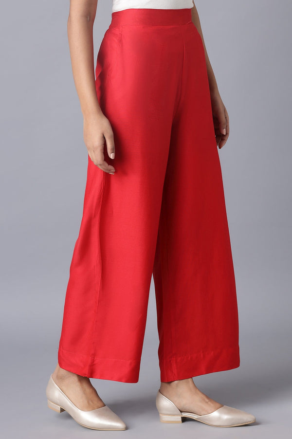 Elleven Women's Red Solid Straight Fit Tencel Pants With Elasticated Waist