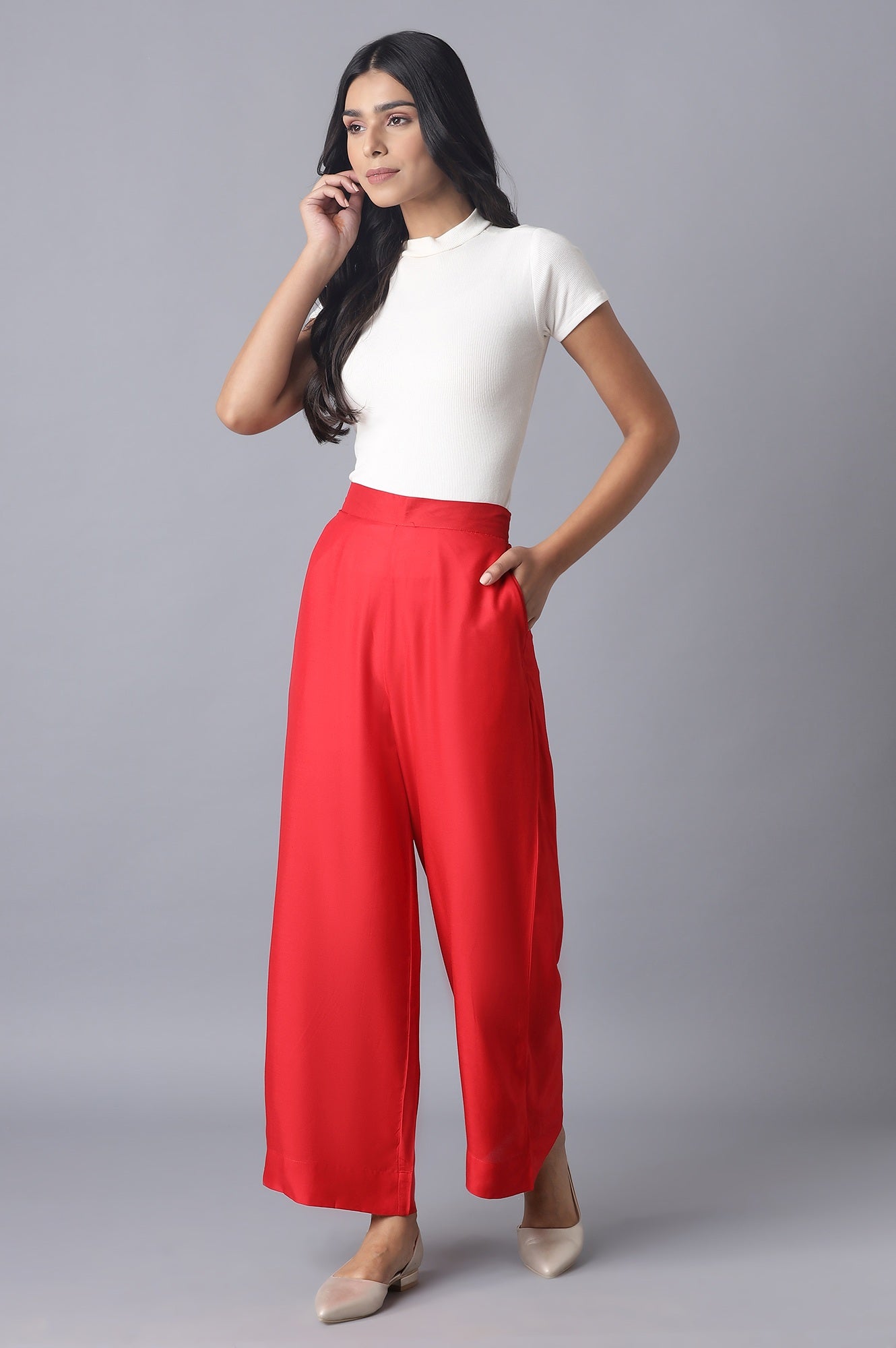 Red Solid Straight Fit Tencel Pants With Elasticated Waist
