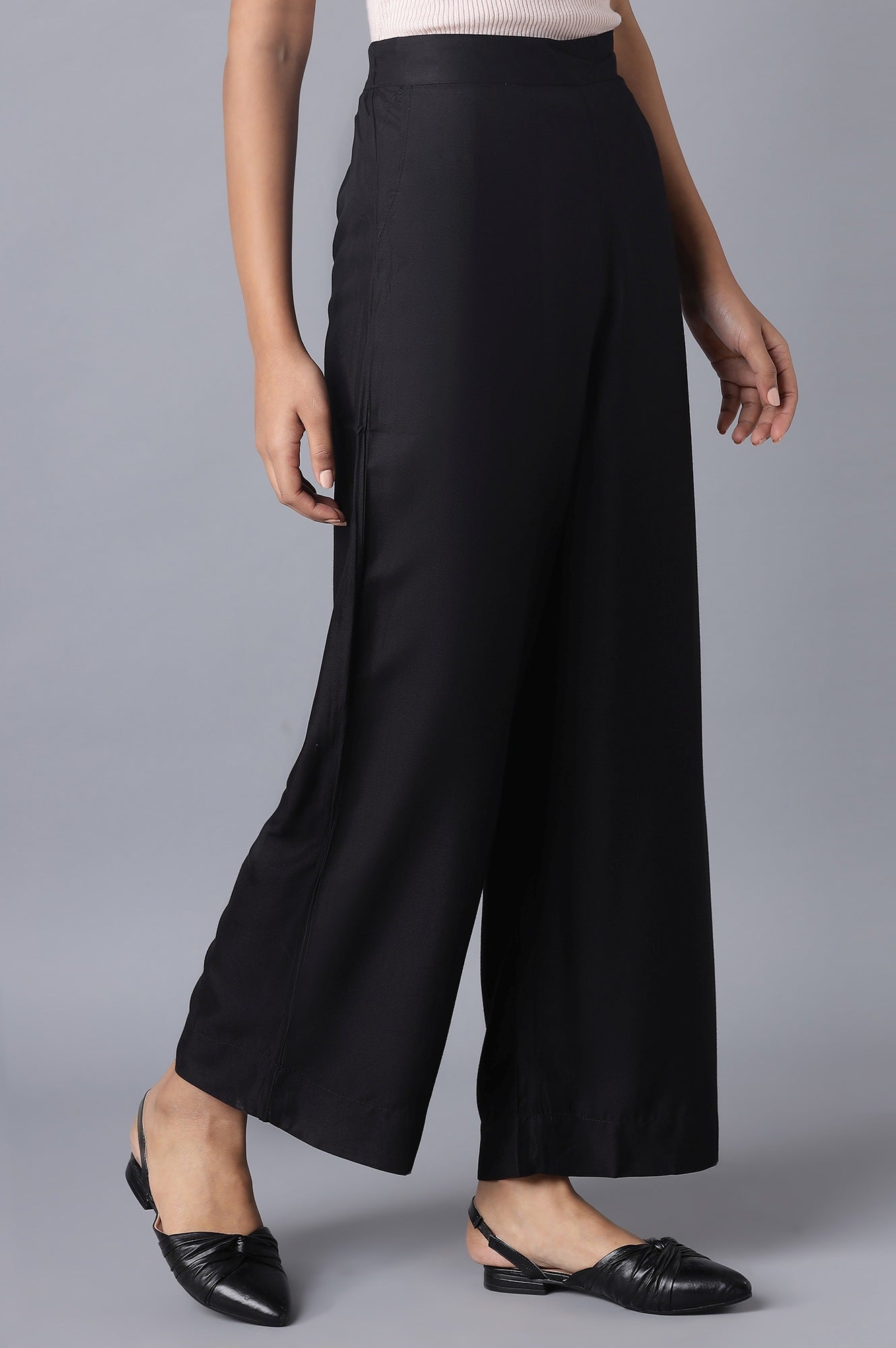 Black Solid Wide Leg Tencel Palazzo With Elasticated Waist