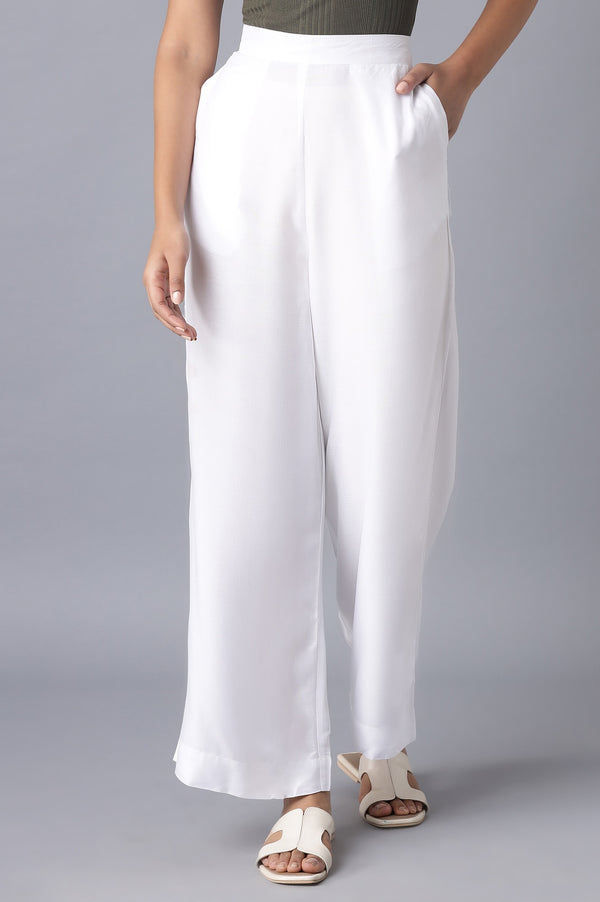 Elleven Women's White Solid Relaxed Fit Ankle Length High Rise Palazzo