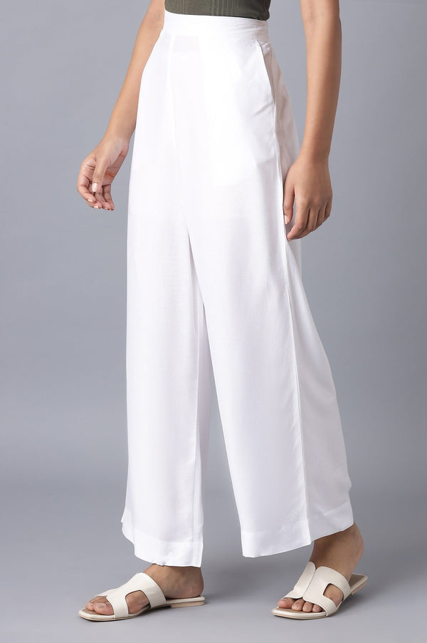White Solid Wide Leg Tencel Trousers With Elasticated Waist