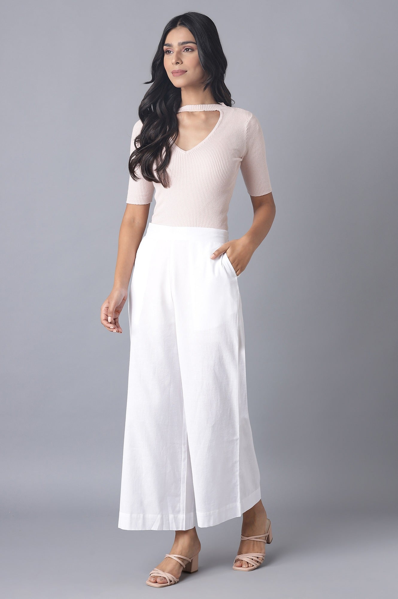 White Solid Wide Leg Tencel Palazzo With Elasticated Waist