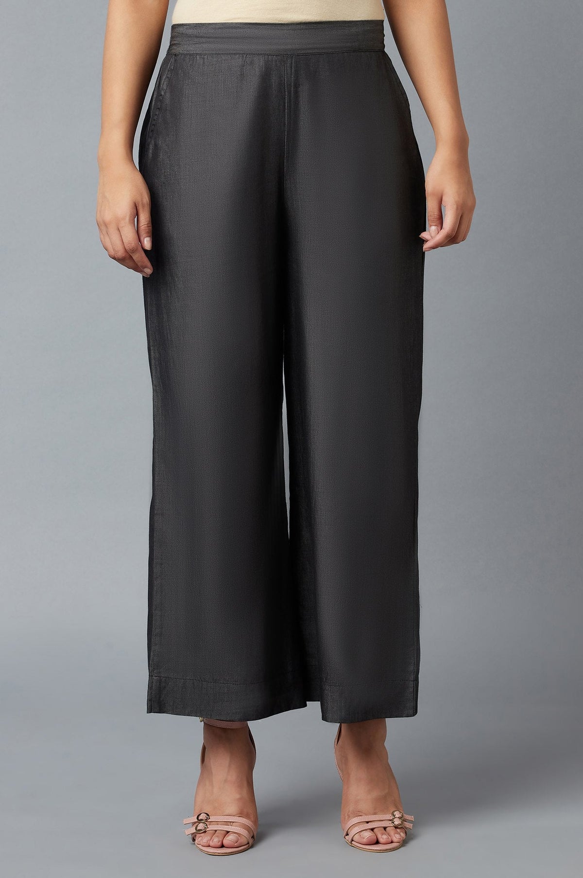 Elleven Women's Black Solid Straight Fit Tencel Palazzo With Elasticated Waist - S