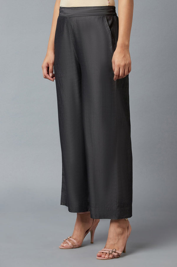 Black Solid Straight Fit Tencel Palazzo With Elasticated Waist
