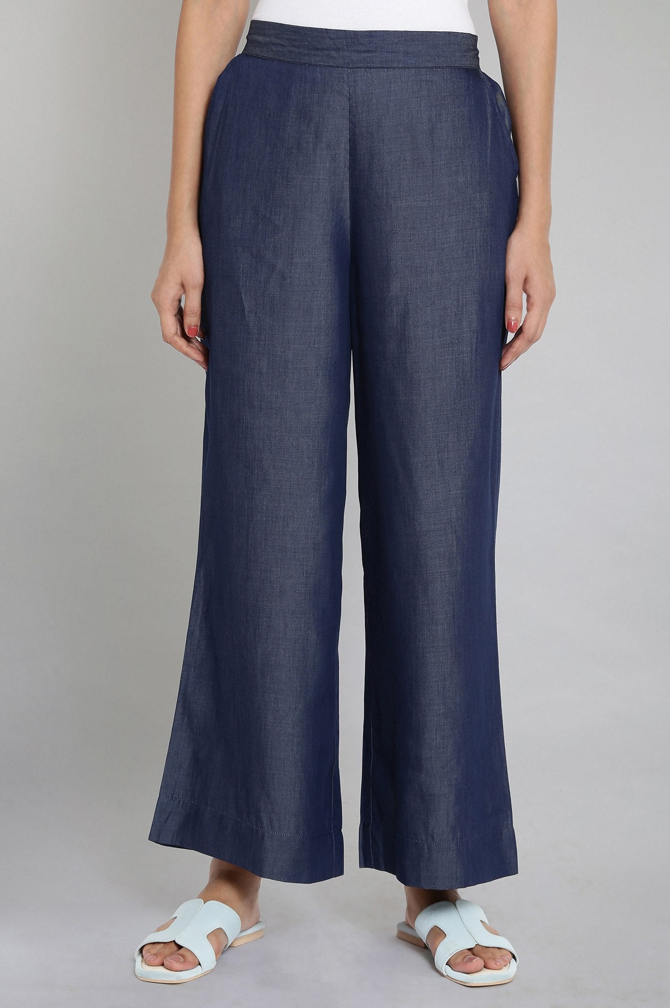 Navy Blue Solid Straight-fit Tencel Palazzo with Elasticated Waistband