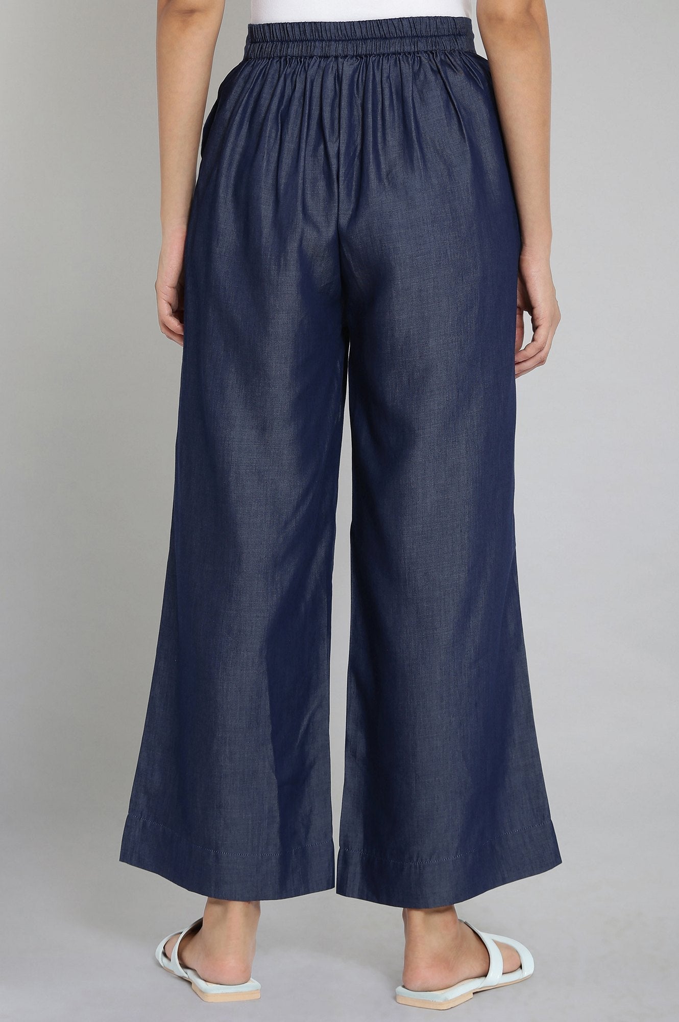 Navy Blue Solid Straight-fit Tencel Palazzo with Elasticated Waistband