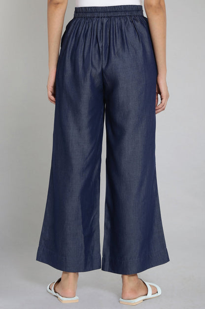 Navy Blue Solid Straight-fit Tencel Palazzo with Elasticated Waistband
