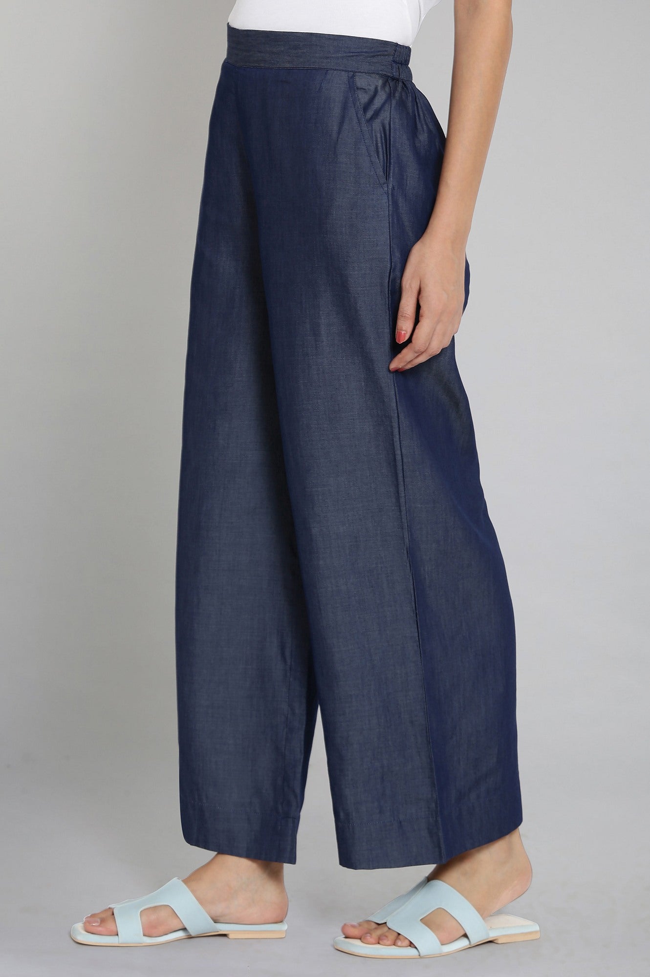 Navy Blue Solid Straight-fit Tencel Palazzo with Elasticated Waistband