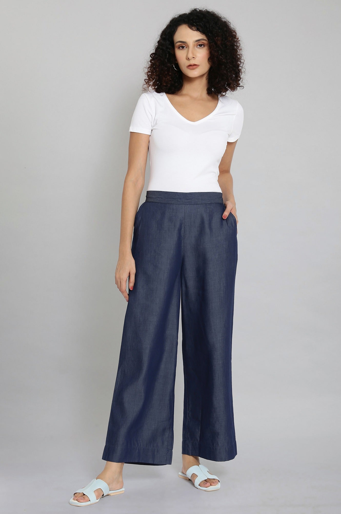 Navy Blue Solid Straight-fit Tencel Palazzo with Elasticated Waistband