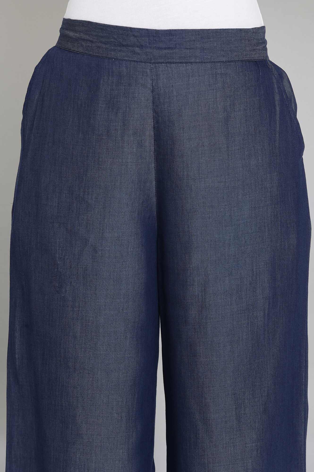 Navy Blue Solid Straight-fit Tencel Palazzo with Elasticated Waistband