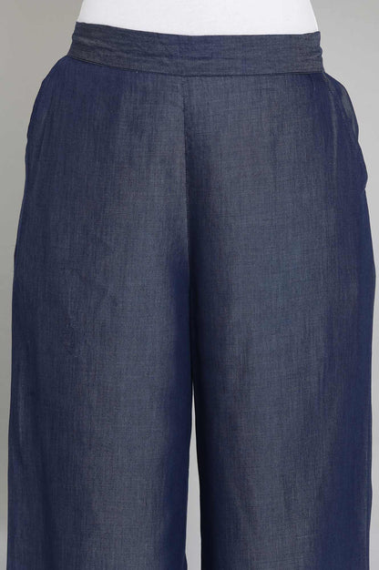 Navy Blue Solid Straight-fit Tencel Palazzo with Elasticated Waistband