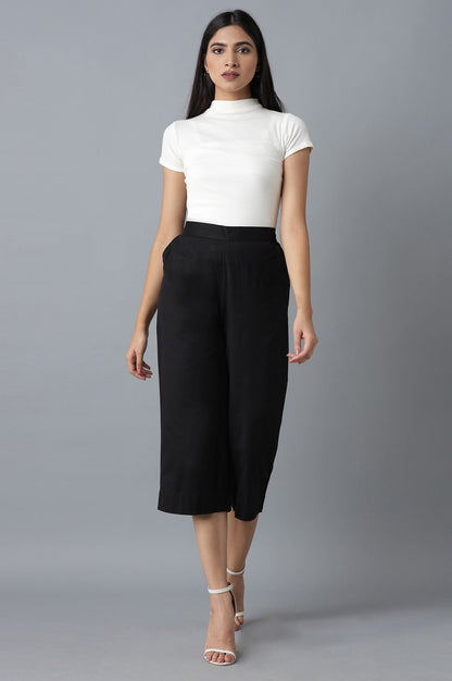 Black Solid Straight Fit Cotton Culottes With Elasticated Waist