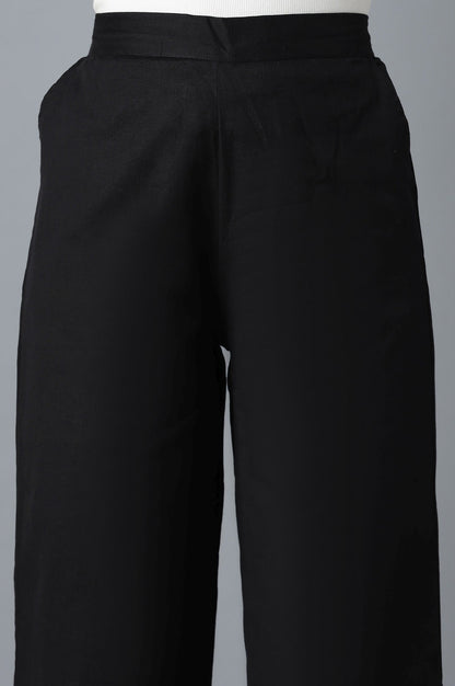 Black Solid Straight Fit Cotton Culottes With Elasticated Waist