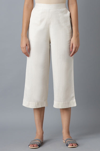 Off White Solid Straight Fit Cotton Culottes With Elasticated Waist