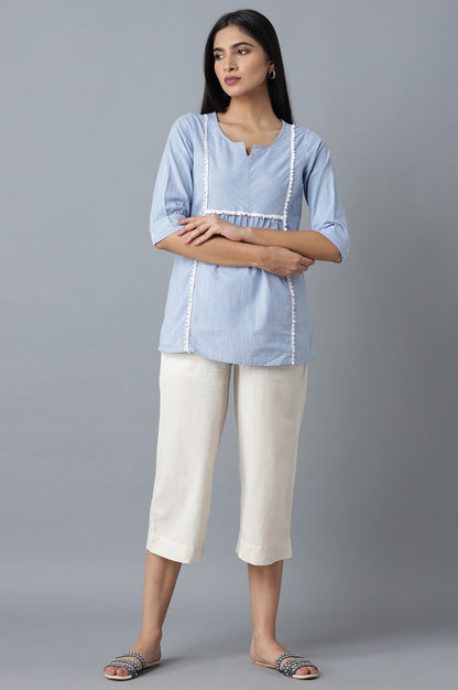 Off White Solid Straight Fit Cotton Culottes With Elasticated Waist