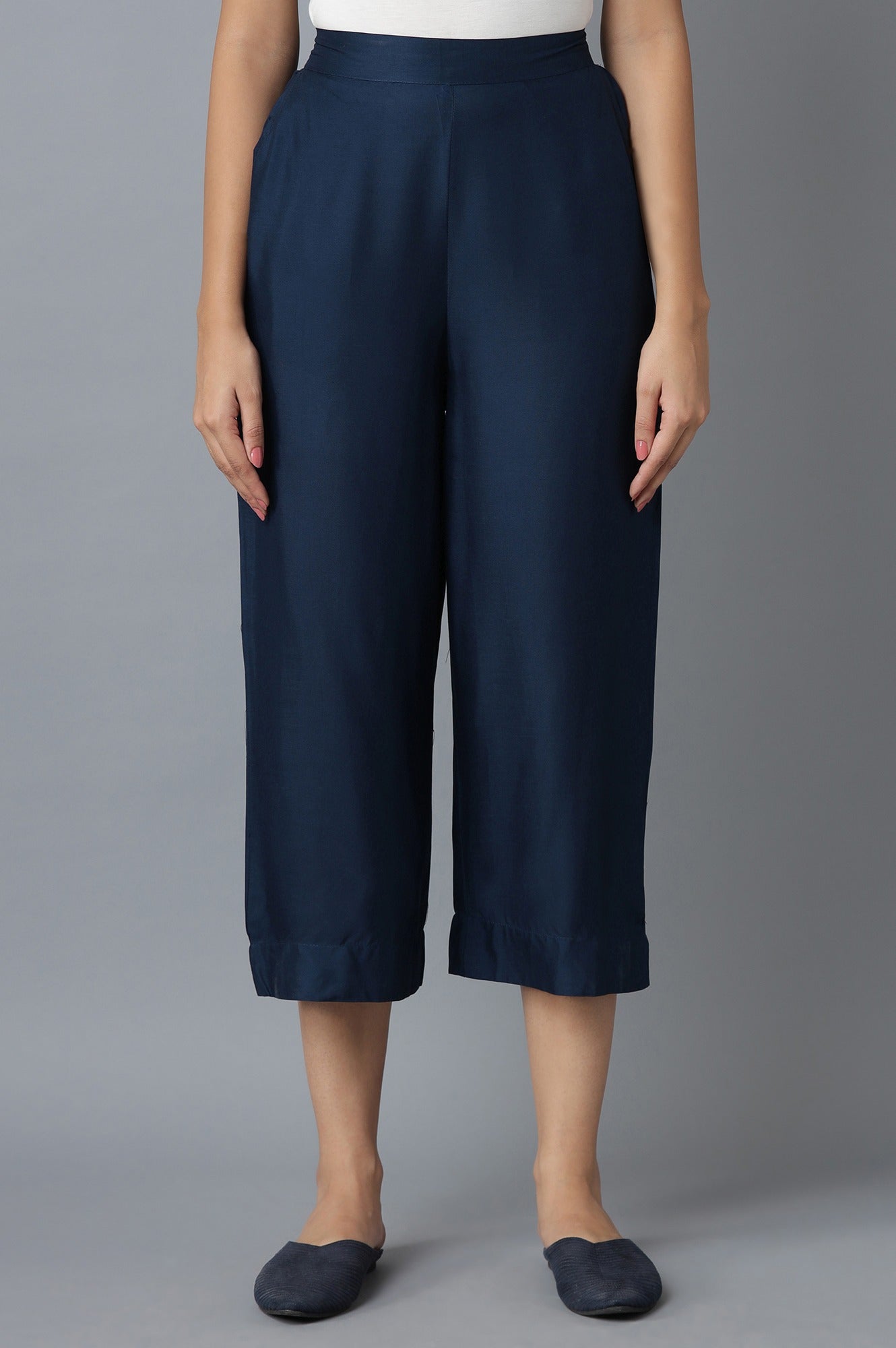 Navy Blue Solid Straight Fit Cotton Culottes With Elasticated Waist
