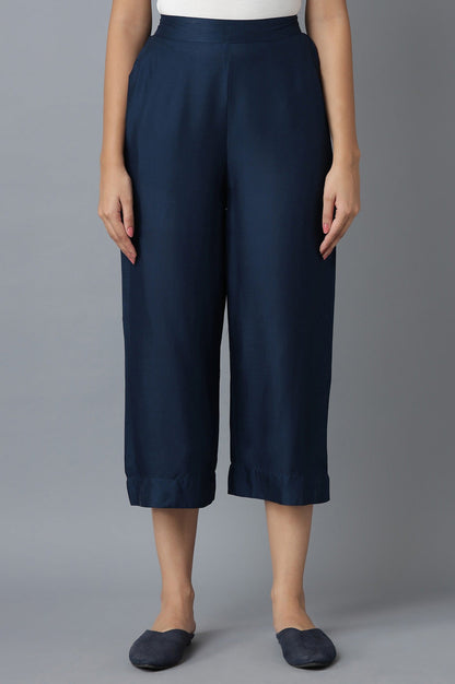 Navy Blue Solid Straight Fit Cotton Culottes With Elasticated Waist