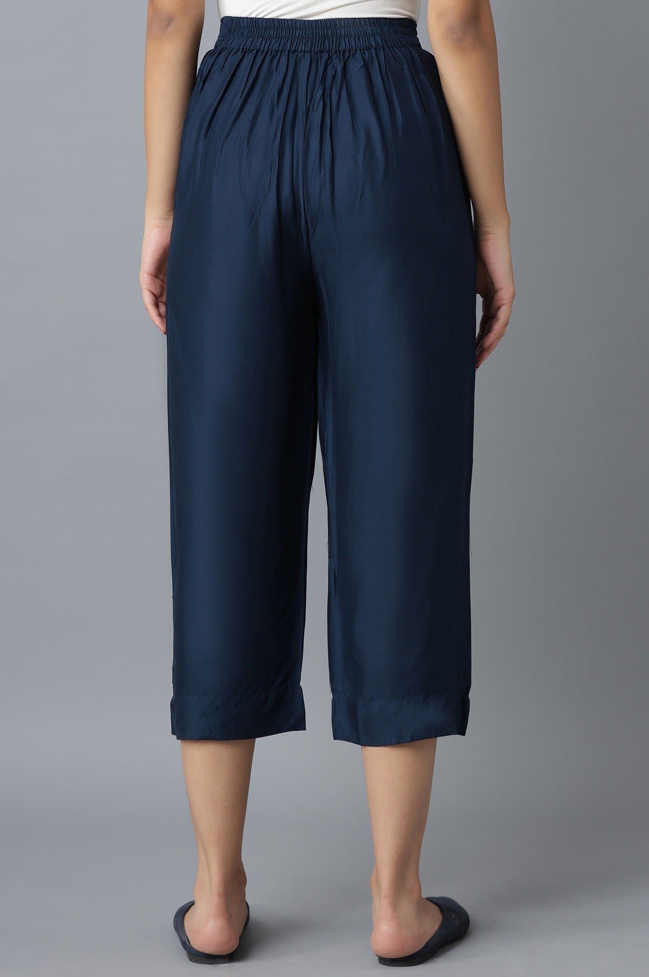 Navy Blue Solid Straight Fit Cotton Culottes With Elasticated Waist