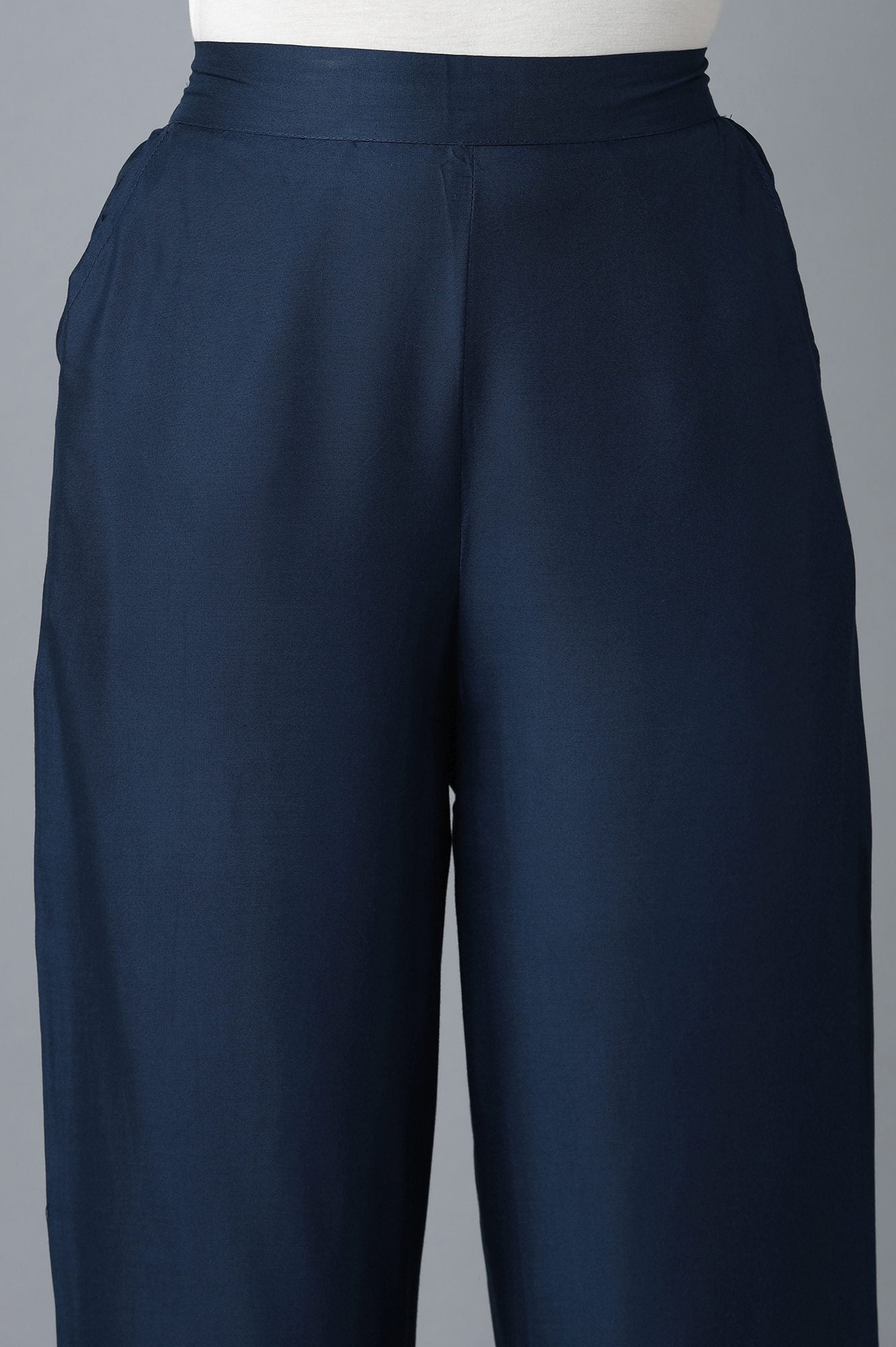 Navy Blue Solid Straight Fit Cotton Culottes With Elasticated Waist