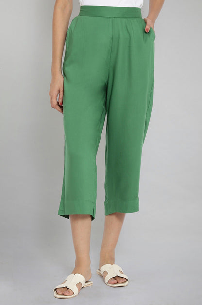 Muted Sage Green Solid Straight Fit Cotton Culottes With Elasticated Waist