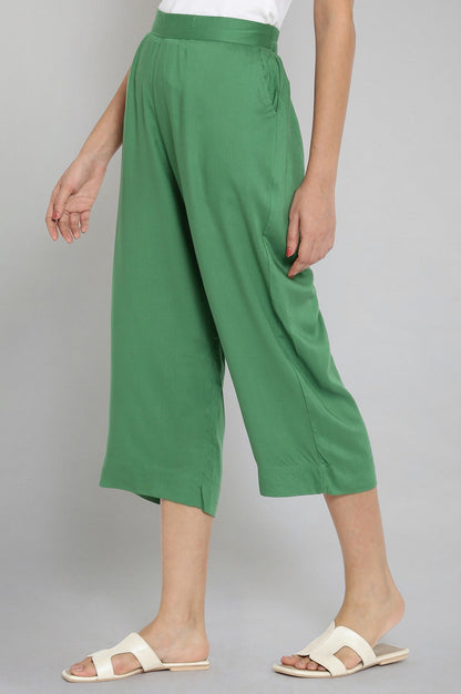 Muted Sage Green Solid Straight Fit Cotton Culottes With Elasticated Waist
