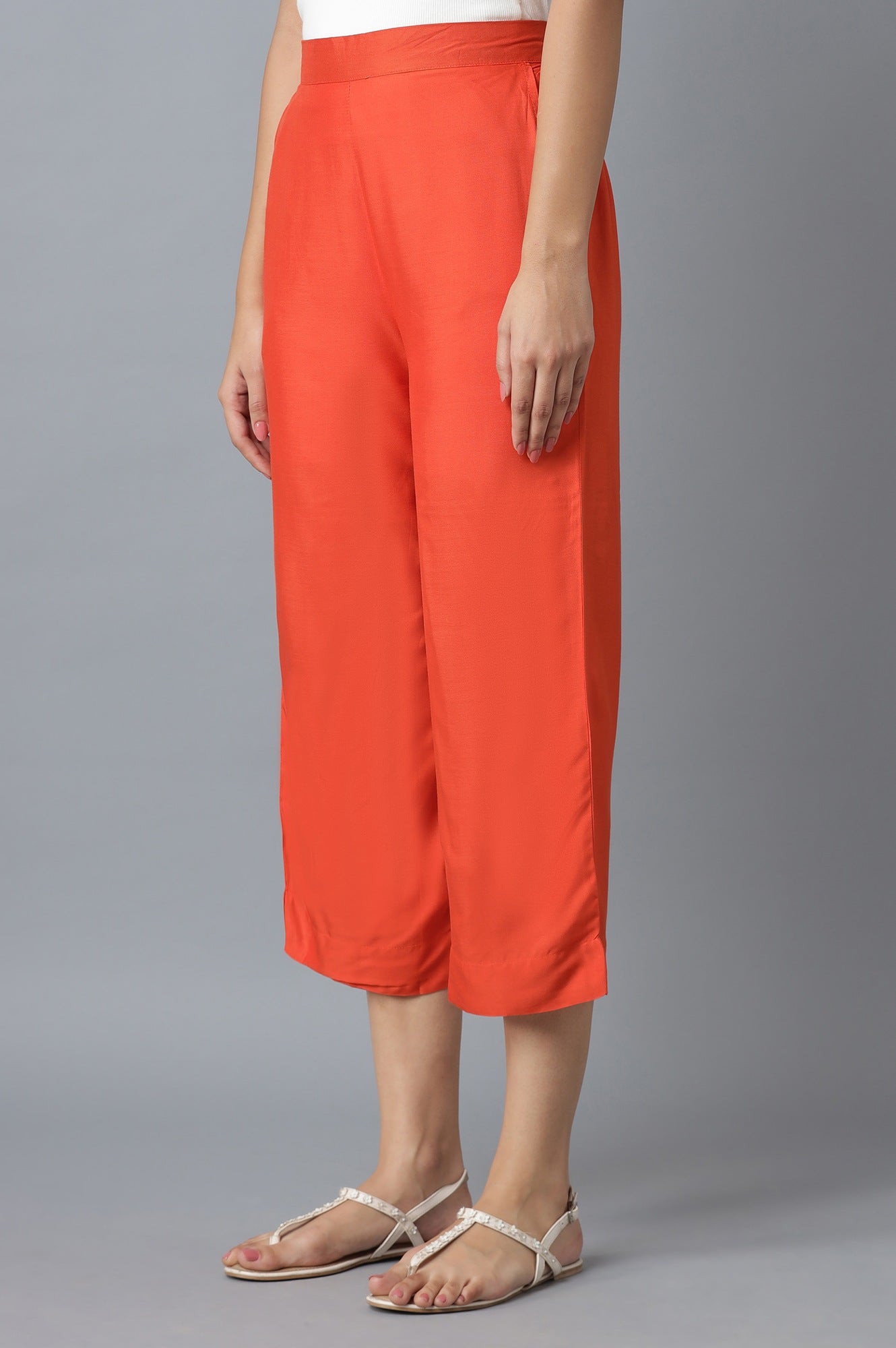 Orange Solid Straight Fit Cotton Palazzo With Elasticated Waist
