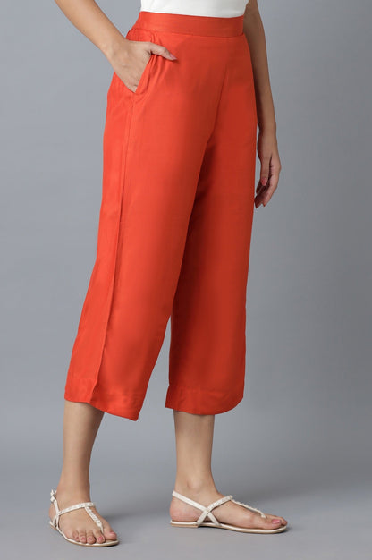 Orange Solid Straight Fit Cotton Palazzo With Elasticated Waist