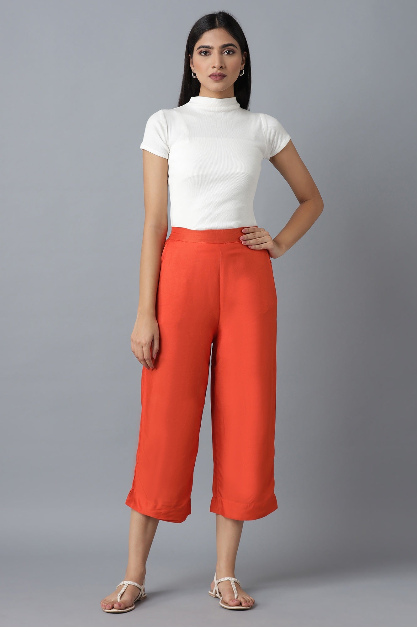 Orange Solid Straight Fit Cotton Palazzo With Elasticated Waist
