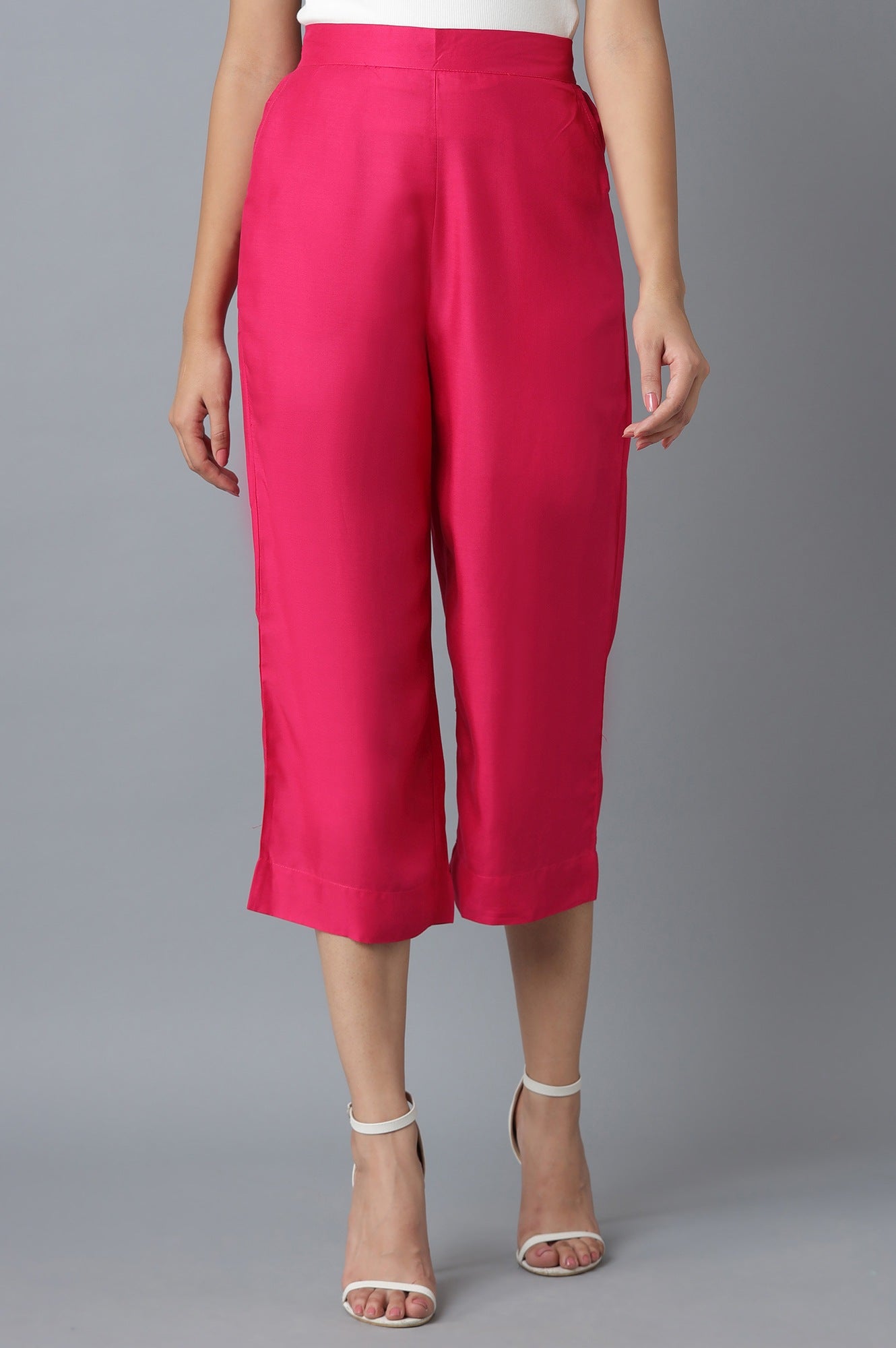 Pink Solid Straight Fit Cotton Culottes With Elasticated Waist