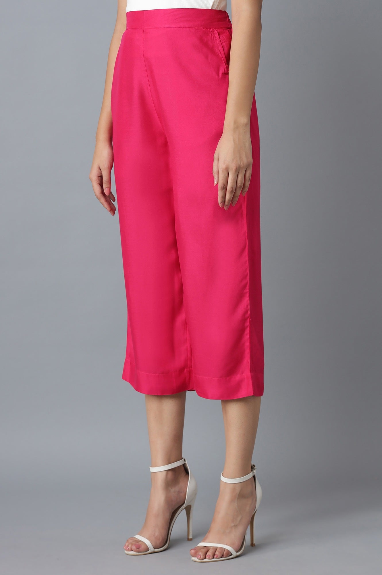 Pink Solid Straight Fit Cotton Culottes With Elasticated Waist