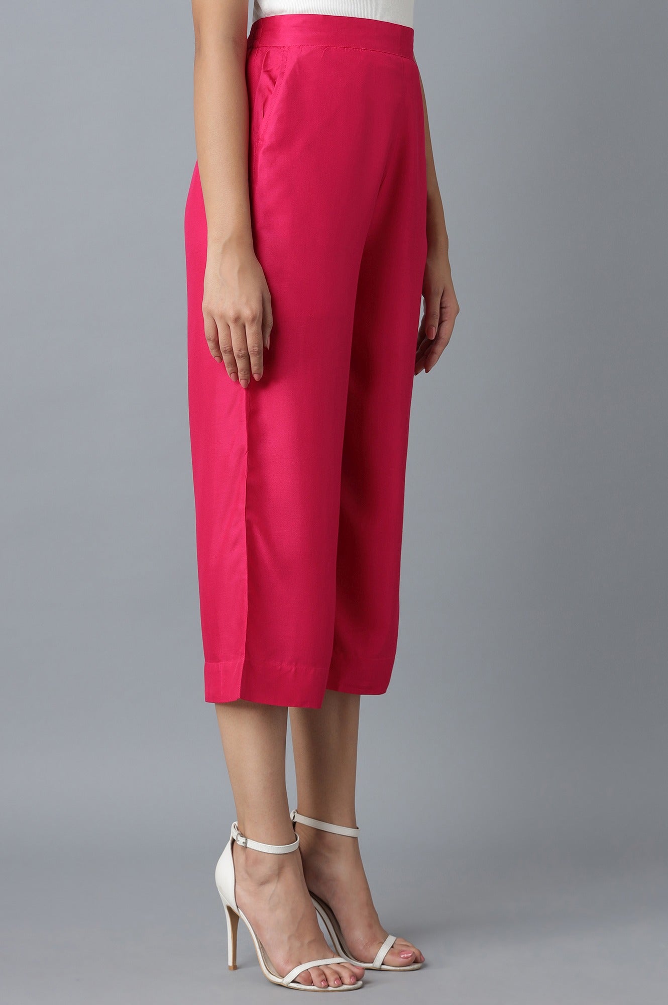 Pink Solid Straight Fit Cotton Culottes With Elasticated Waist