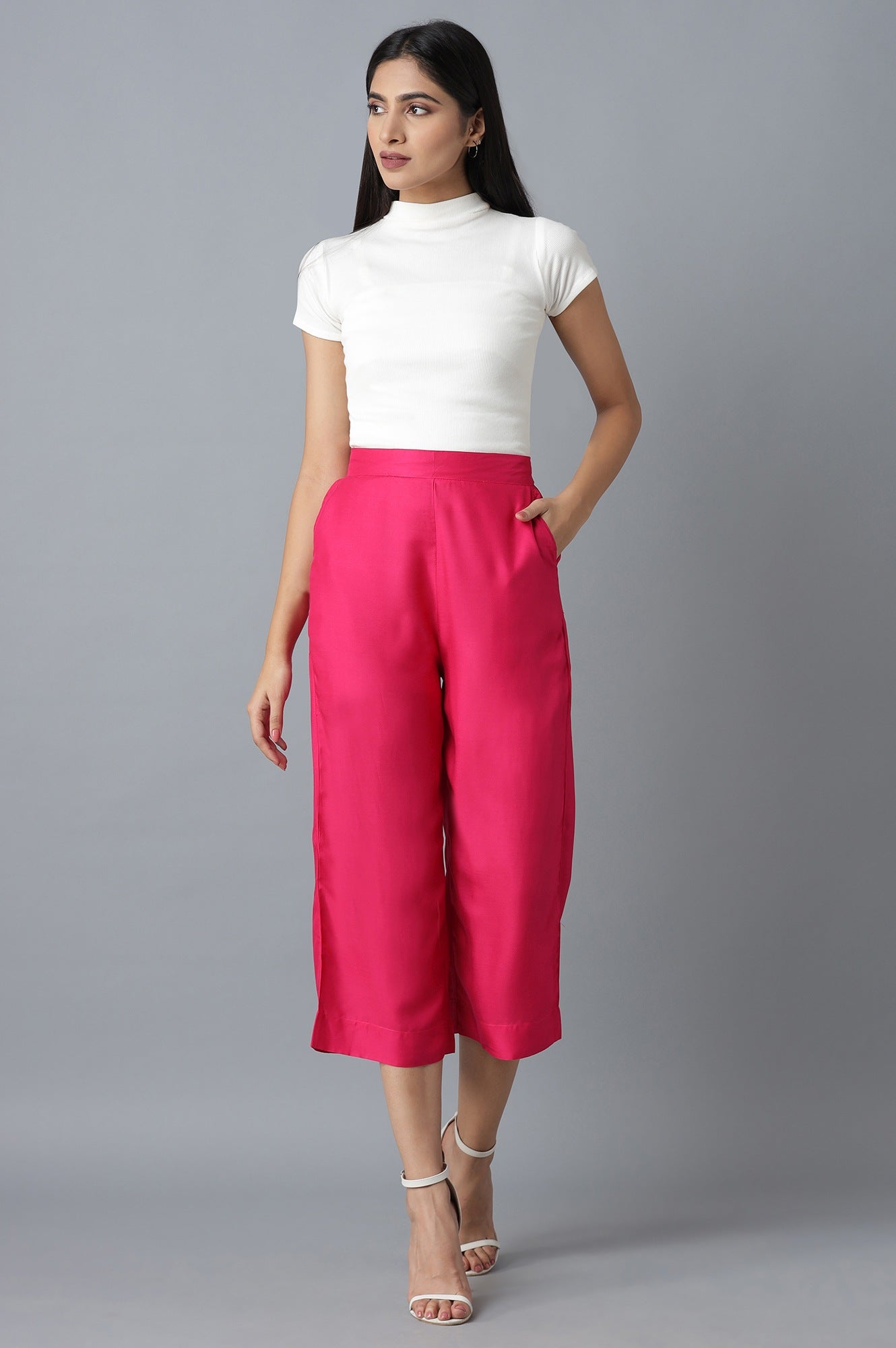 Pink Solid Straight Fit Cotton Culottes With Elasticated Waist
