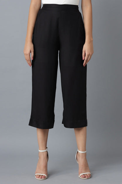Black Solid Straight Fit Cotton Culottes With Elasticated Waist