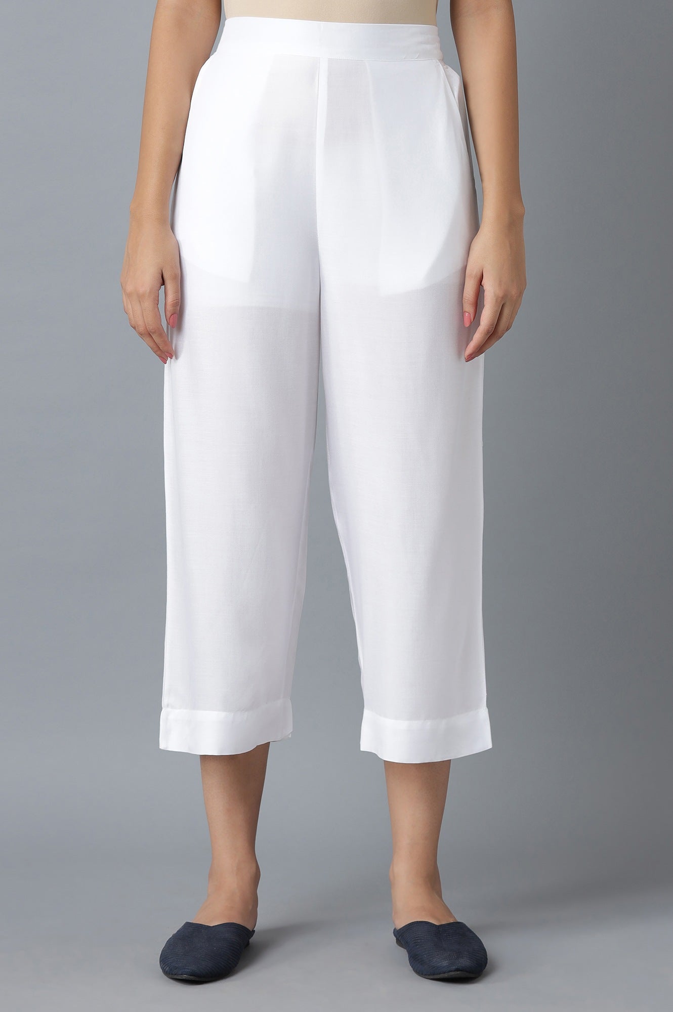 White Solid Wide Leg Cotton Culottes With Elasticated Waist