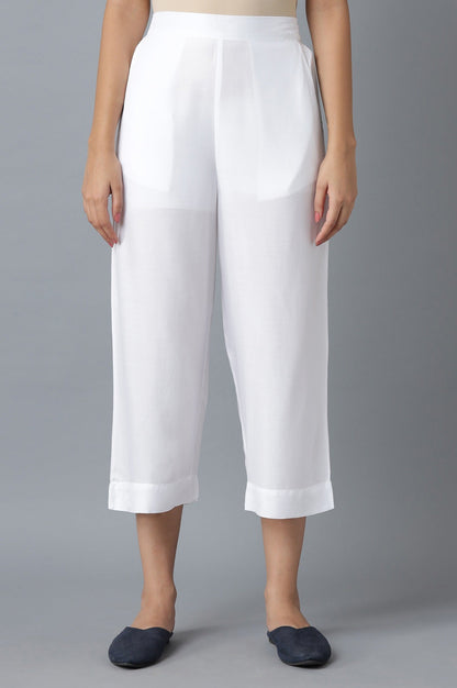 White Solid Wide Leg Cotton Culottes With Elasticated Waist